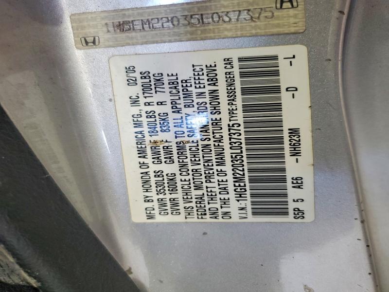 Aukcja sprzedaży 2005 Honda Civic, vin: 1HGEM22035L037375, numer aukcji: 68781096
