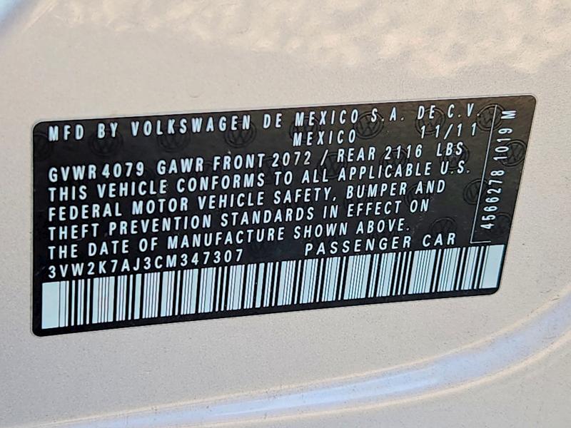 2012 Volkswagen Jetta მანქანა იყიდება აუქციონზე, vin: 3VW2K7AJ3CM347307, აუქციონის ნომერი: 68842376