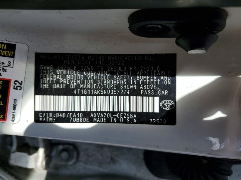 Aukcja sprzedaży 2022 Toyota Camry, vin: 4T1G11AK5NU057274, numer aukcji: 69611156