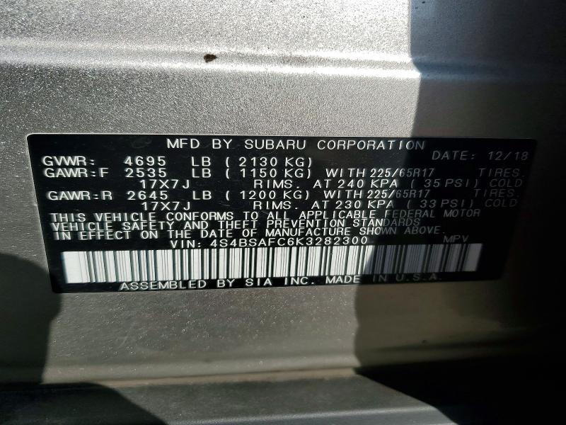 Aukcja sprzedaży 2019 Subaru Outback, vin: 4S4BSAFC6K3282300, numer aukcji: 68731256