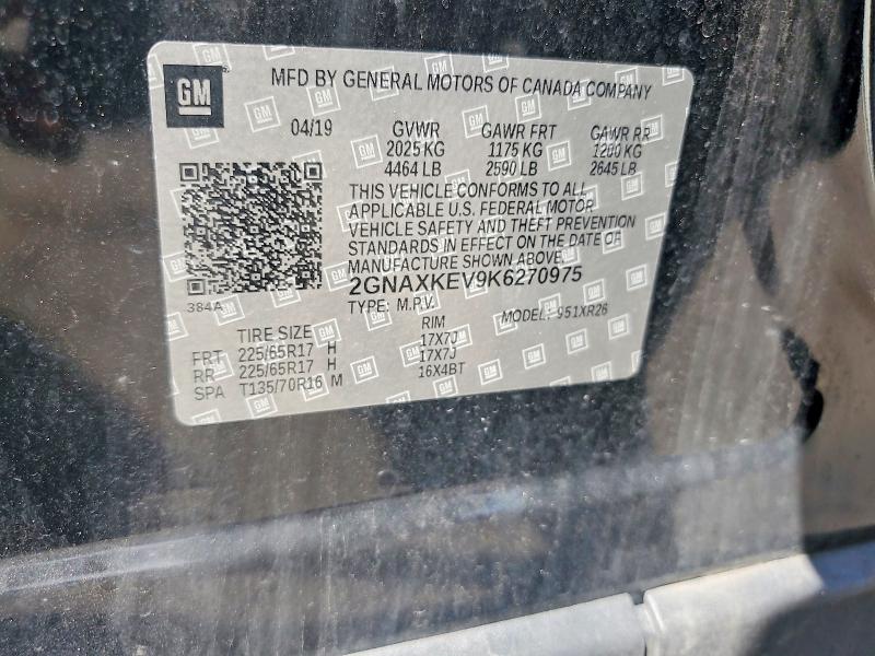 2019 Chevrolet Equinox მანქანა იყიდება აუქციონზე, vin: 2GNAXKEV9K6270975, აუქციონის ნომერი: 68462116
