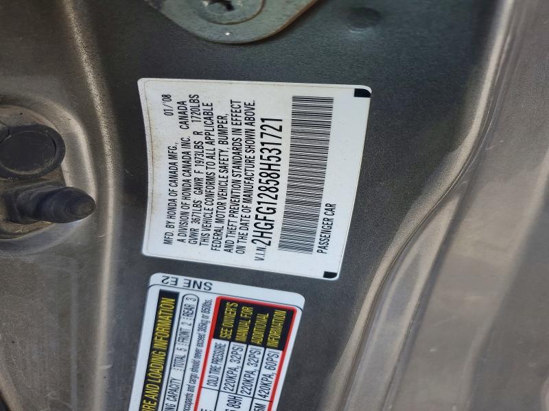 Aukcja sprzedaży 2008 Honda Civic, vin: 2HGFG12858H531721, numer aukcji: 67263686