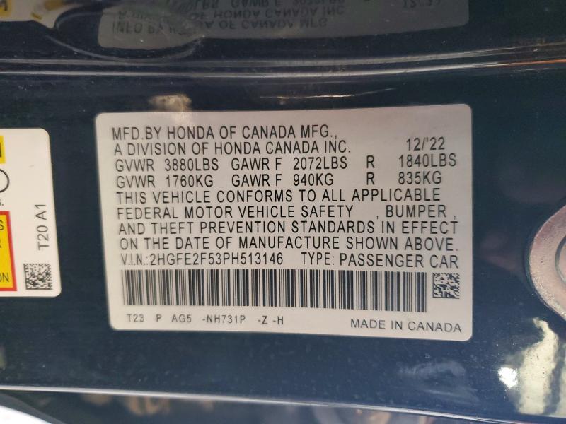 68164246 :رقم المزاد ، 2HGFE2F53PH513146 vin ، 2023 Honda Civic مزاد بيع