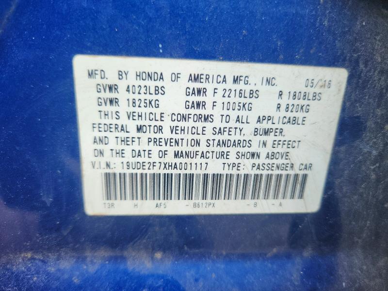 67457016 :رقم المزاد ، 19UDE2F7XHA001117 vin ، 2017 Acura Ilx مزاد بيع