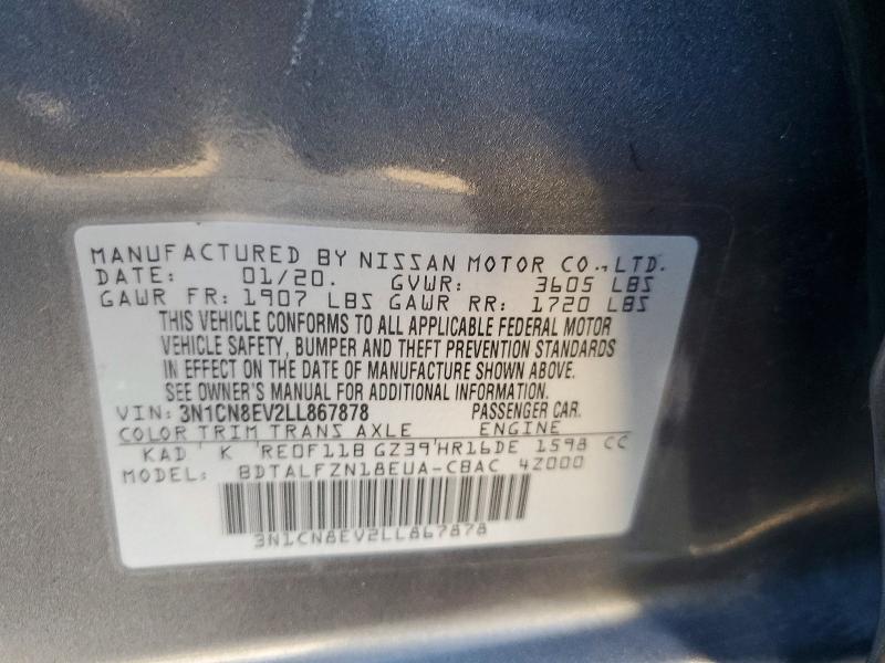 Продаж на аукціоні авто 2020 Nissan Versa, vin: 3N1CN8EV2LL867878, номер лоту: 69991046