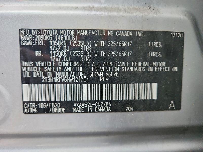 2021 Toyota Rav4 მანქანა იყიდება აუქციონზე, vin: 2T3H1RFV6MW124704, აუქციონის ნომერი: 68983616