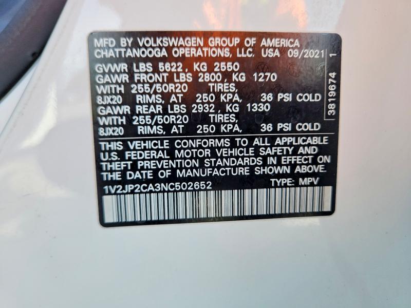 Продажа на аукционе авто 2022 Volkswagen Atlas, vin: 1V2JP2CA3NC502652, номер лота: 70628756