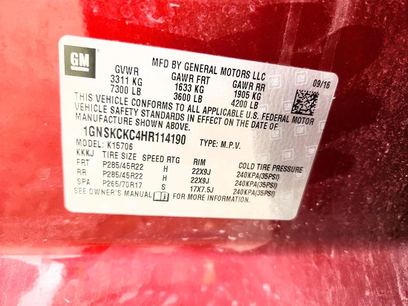 67297416 :رقم المزاد ، 1GNSKCKC4HR114190 vin ، 2017 Chevrolet Tahoe مزاد بيع