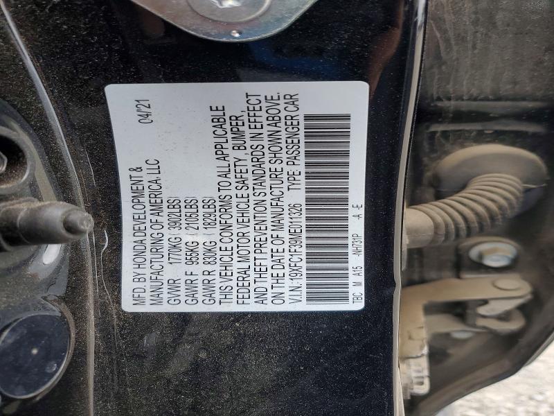 Aukcja sprzedaży 2021 Honda Civic, vin: 19XFC1F39ME011326, numer aukcji: 70370216