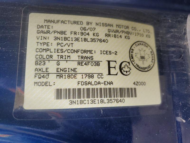 2008 Nissan Versa მანქანა იყიდება აუქციონზე, vin: 3N1BC13E18L357640, აუქციონის ნომერი: 69855576