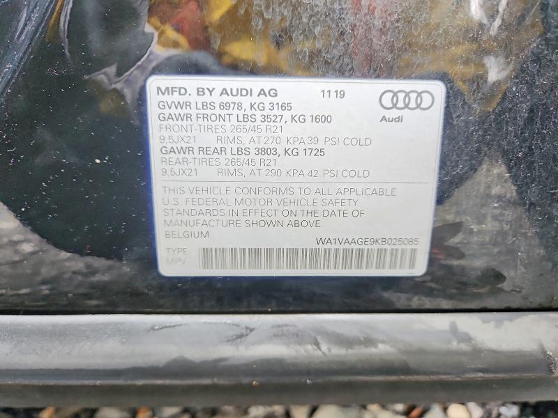 2019 Audi E-tron მანქანა იყიდება აუქციონზე, vin: WA1VAAGE9KB025085, აუქციონის ნომერი: 69882586