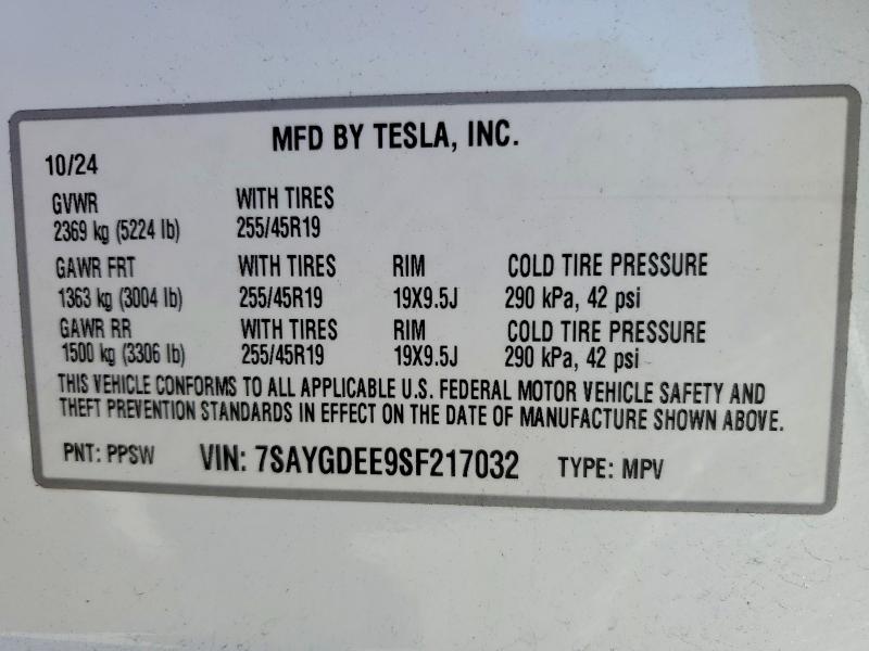 2025 Tesla Model Y მანქანა იყიდება აუქციონზე, vin: 7SAYGDEE9SF217032, აუქციონის ნომერი: 69759266