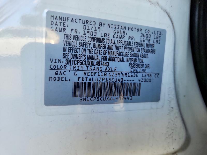 68624956 :رقم المزاد ، 3N1CP5CUXKL497443 vin ، 2019 Nissan Kicks مزاد بيع
