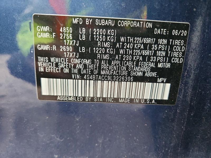 2020 Subaru Outback მანქანა იყიდება აუქციონზე, vin: 4S4BTACC9L3226306, აუქციონის ნომერი: 69720866