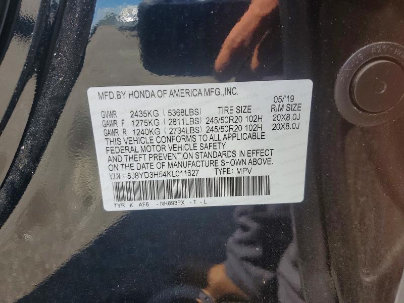 68301806 :رقم المزاد ، 5J8YD3H54KL011627 vin ، 2019 Acura Mdx مزاد بيع
