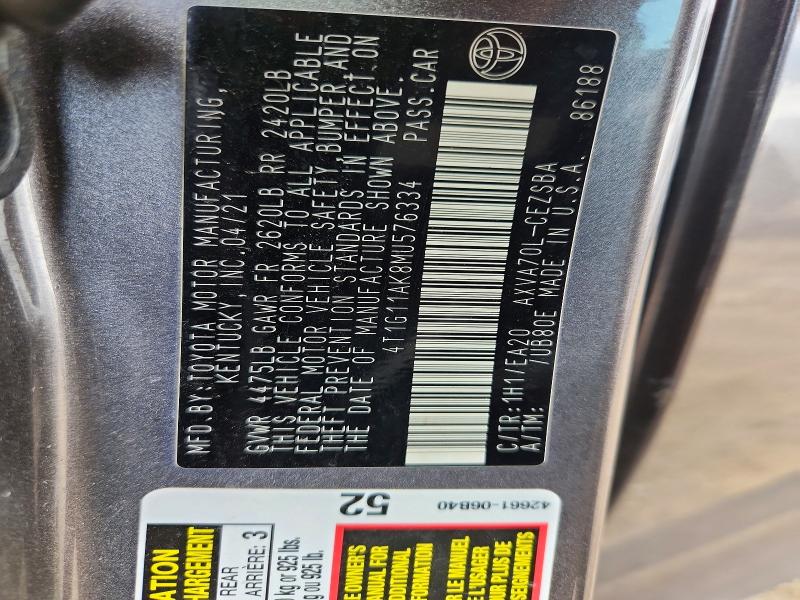 2021 Toyota Camry მანქანა იყიდება აუქციონზე, vin: 4T1G11AK8MU576334, აუქციონის ნომერი: 67563316