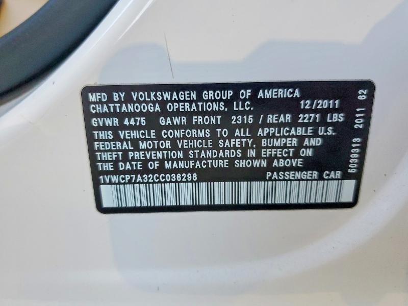 69995136 :رقم المزاد ، 1VWCP7A32CC036296 vin ، 2012 Volkswagen Passat مزاد بيع