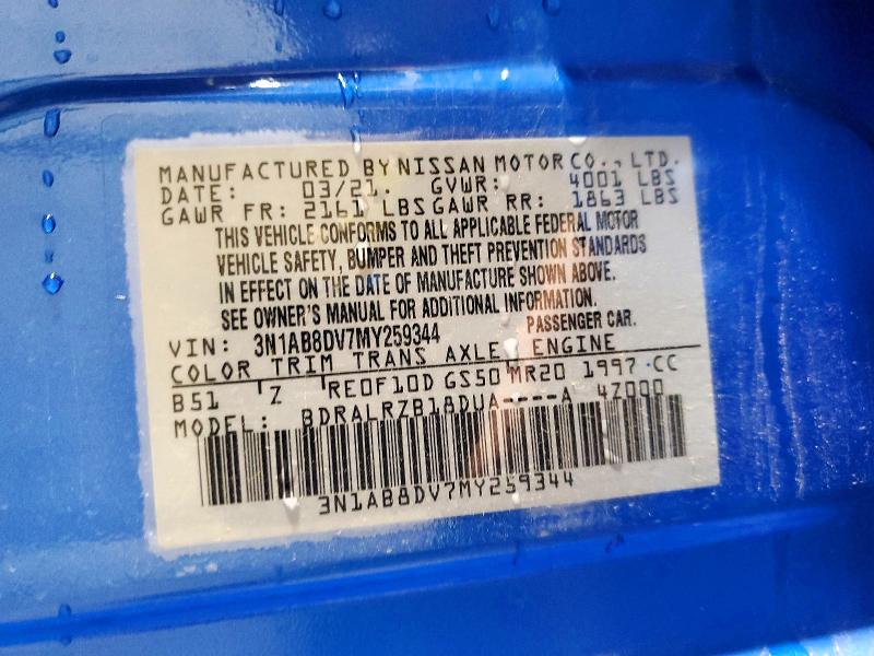 Auction sale of the 2021 Nissan Sentra, vin: 3N1AB8DV7MY259344        , lot number: 68779106