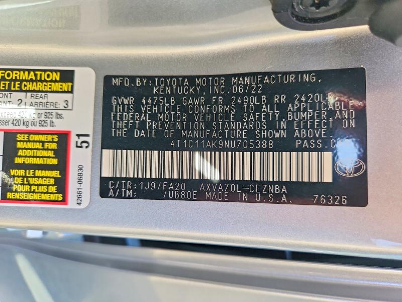 Aukcja sprzedaży 2022 Toyota Camry, vin: 4T1C11AK9NU705388, numer aukcji: 68734036