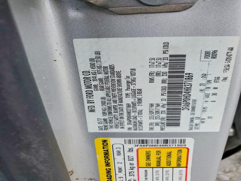 Aukcja sprzedaży 2017 Ford Fusion, vin: 3FA6P0HD4HR371869, numer aukcji: 68554016