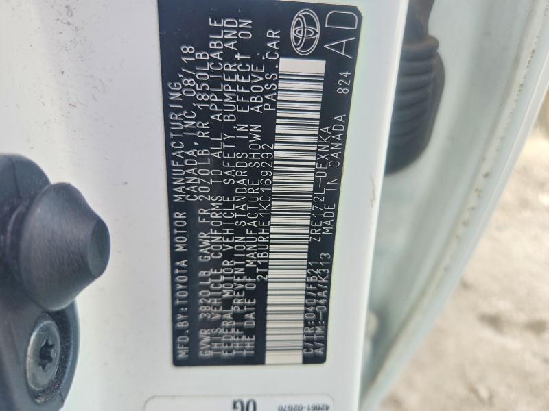68200266 :رقم المزاد ، 2T1BURHE1KC169292 vin ، 2019 Toyota Corolla مزاد بيع