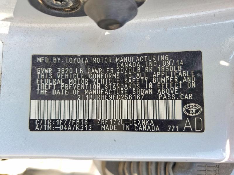 2015 Toyota Corolla მანქანა იყიდება აუქციონზე, vin: 2T1BURHE9FC256167, აუქციონის ნომერი: 69619046