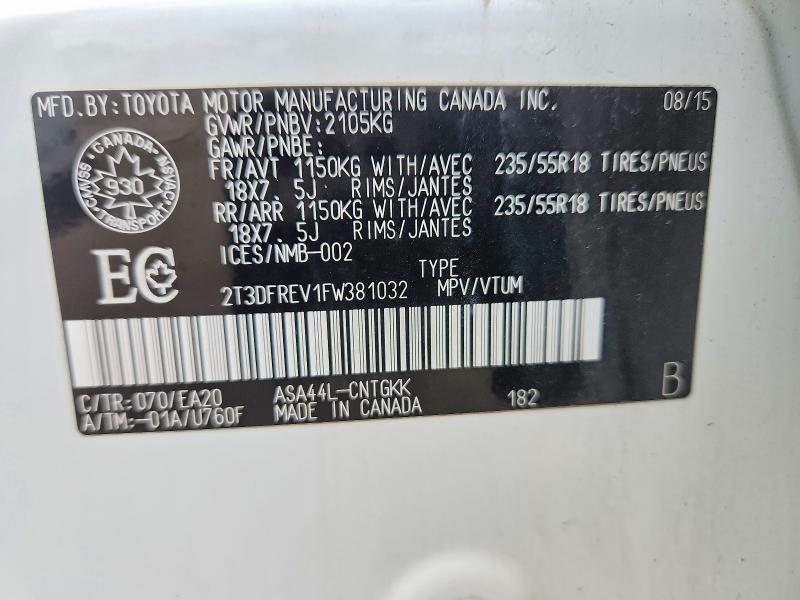 2015 Toyota Rav4 მანქანა იყიდება აუქციონზე, vin: 2T3DFREV1FW381032, აუქციონის ნომერი: 67667256