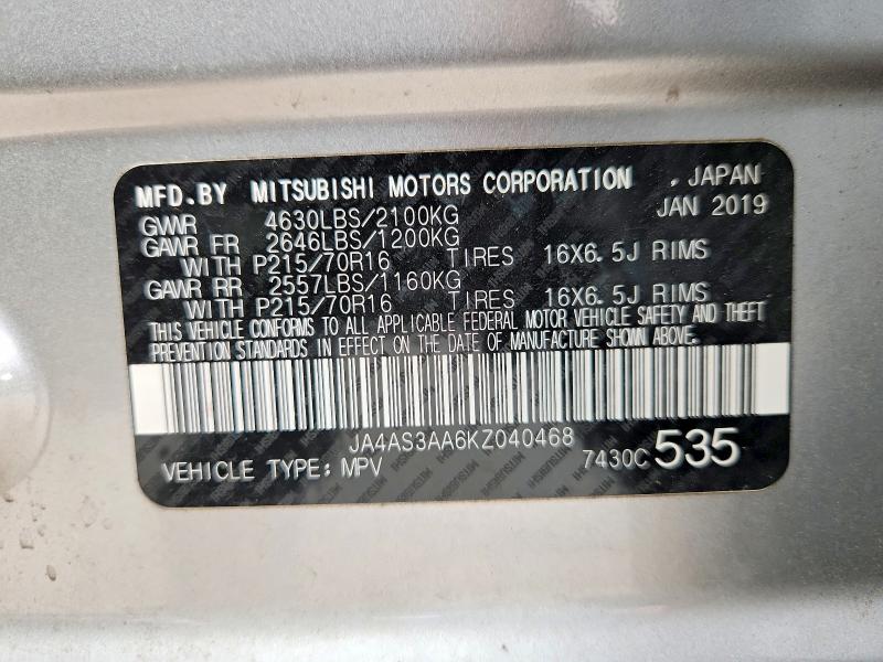 68655096 :رقم المزاد ، JA4AS3AA6KZ040468 vin ، 2019 Mitsubishi Eclipse Cross مزاد بيع