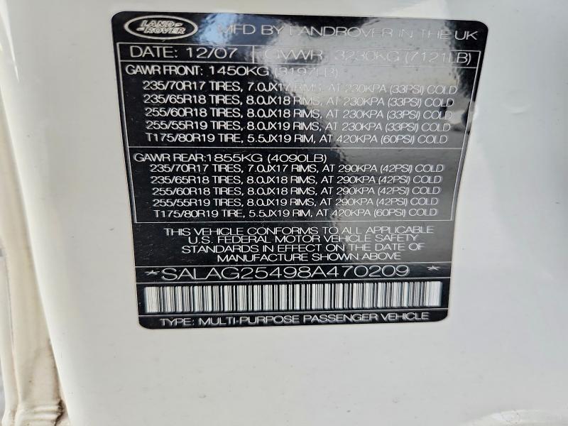 67873176 :رقم المزاد ، SALAG25498A470209 vin ، 2008 Land Rover Lr3 مزاد بيع