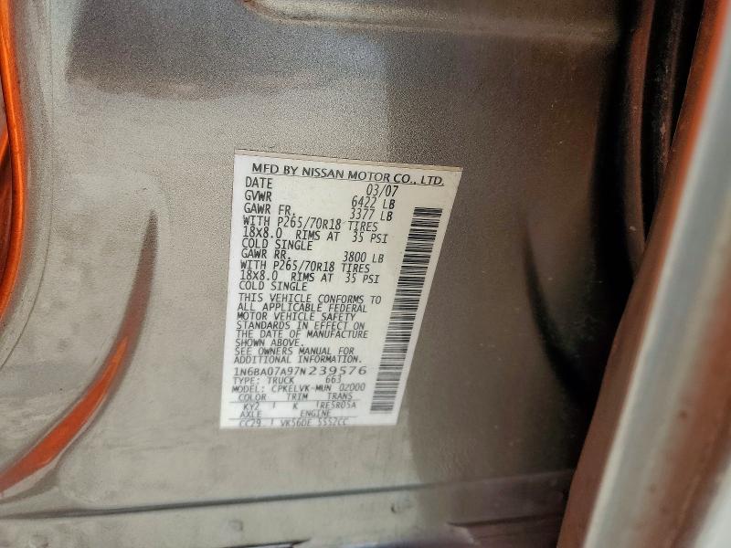 70004846 :رقم المزاد ، 1N6BA07A97N239576 vin ، 2007 Nissan Titan مزاد بيع
