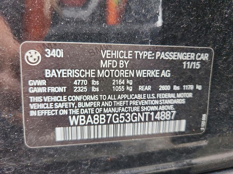 Продаж на аукціоні авто 2016 Bmw 340, vin: WBA8B7G53GNT14887, номер лоту: 70856356
