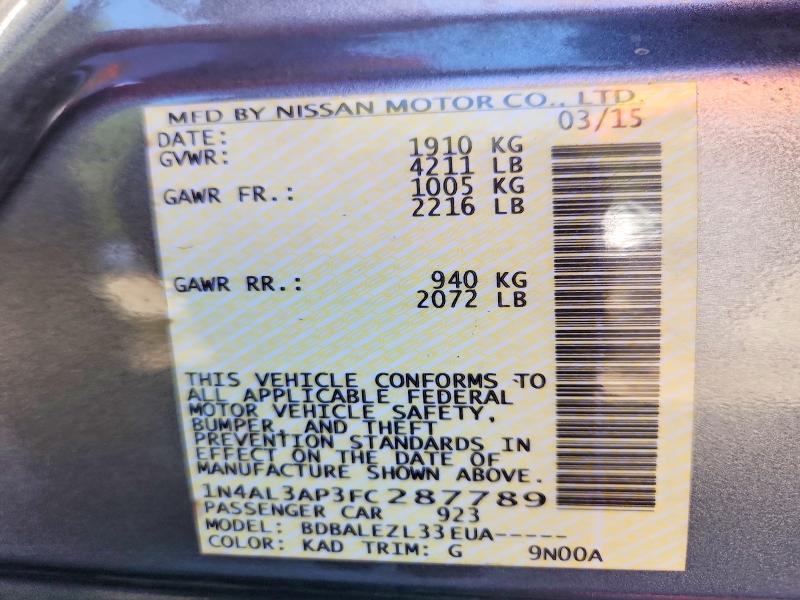 Продажа на аукционе авто 2015 Nissan Altima, vin: 1N4AL3AP3FC287789, номер лота: 69065566