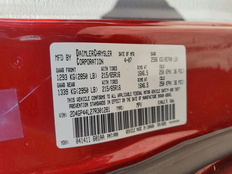 2007 Dodge Grand Caravan მანქანა იყიდება აუქციონზე, vin: 2D4GP44L27R301281, აუქციონის ნომერი: 62897836