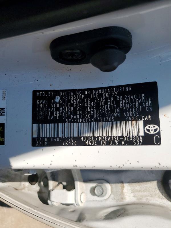Продаж на аукціоні авто 2022 Toyota Corolla, vin: 5YFS4MCE4NP121705, номер лоту: 68774686