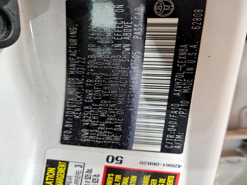 2022 Toyota Camry მანქანა იყიდება აუქციონზე, vin: 4T1C31AK6NU587505, აუქციონის ნომერი: 70492346