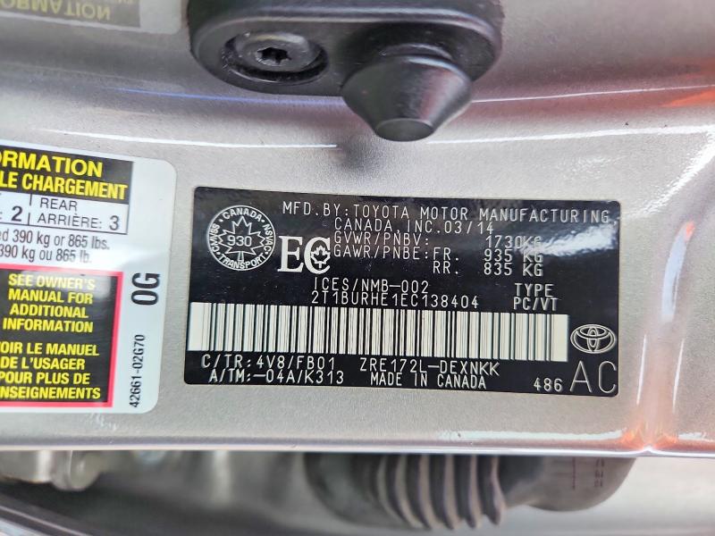 2014 Toyota Corolla მანქანა იყიდება აუქციონზე, vin: 2T1BURHE1EC138404, აუქციონის ნომერი: 67509196