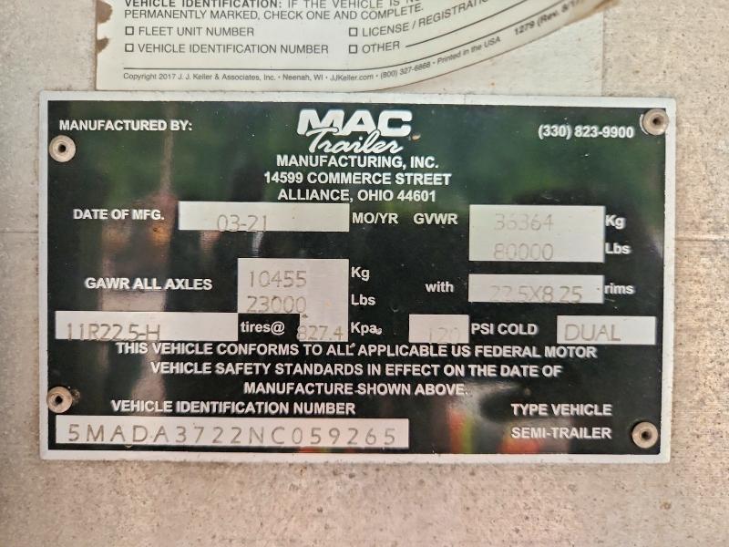 2022 Mac Trailer მანქანა იყიდება აუქციონზე, vin: 5MADA3722NC059265, აუქციონის ნომერი: 69532906