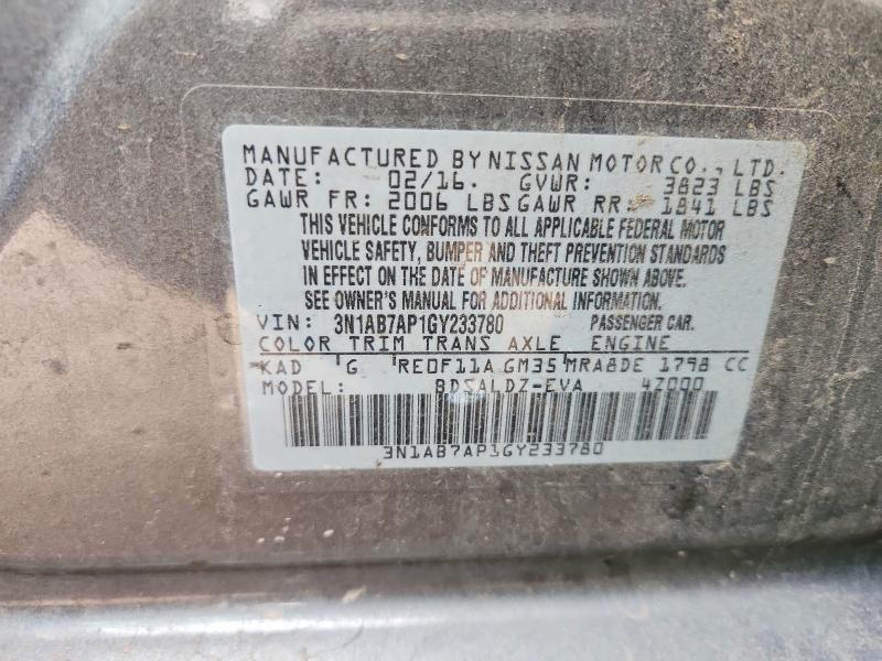 70563536 :رقم المزاد ، 3N1AB7AP1GY233780 vin ، 2016 Nissan Sentra مزاد بيع