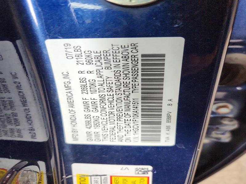 Auction sale of the 2019 Honda Accord, vin: 1HGCV1F10KA141511        , lot number: 69291206