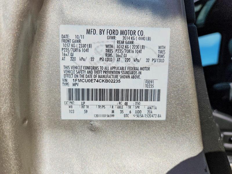 Продаж на аукціоні авто 2012 Ford Escape, vin: 1FMCU0E74CKB02235, номер лоту: 68211746