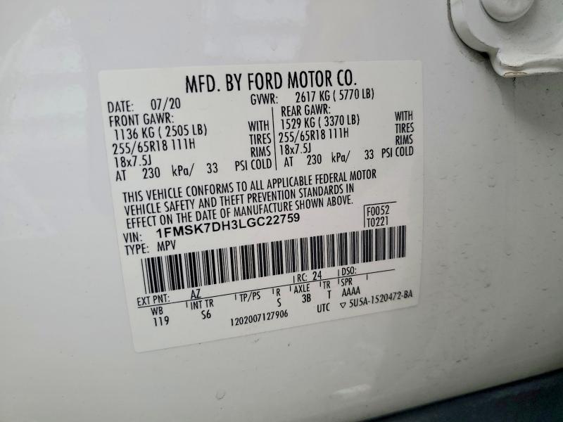 2020 Ford Explorer მანქანა იყიდება აუქციონზე, vin: 1FMSK7DH3LGC22759, აუქციონის ნომერი: 67704276