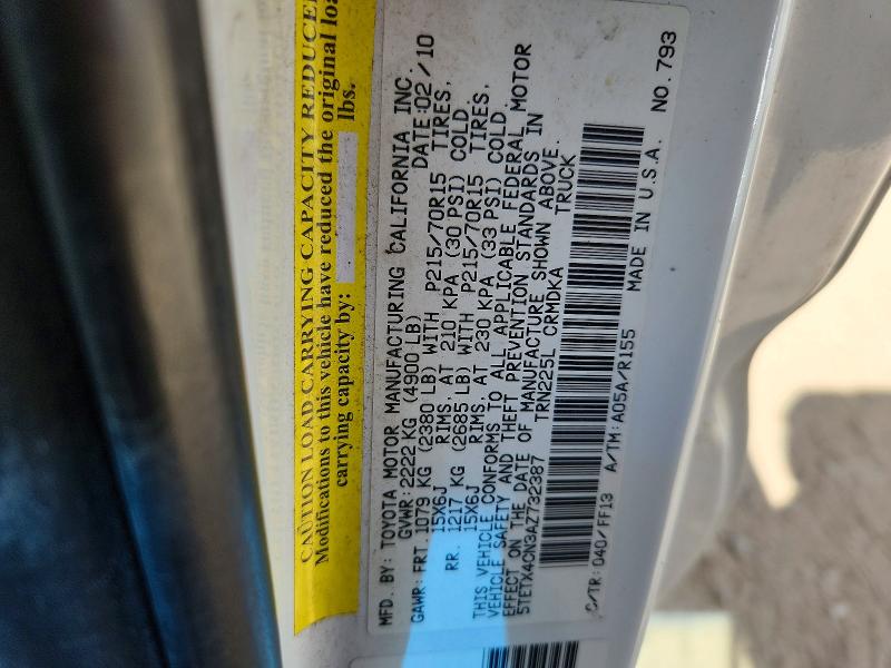 2010 Toyota Tacoma მანქანა იყიდება აუქციონზე, vin: 5TETX4CN3AZ732387, აუქციონის ნომერი: 69126276