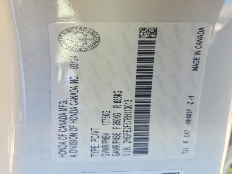 66920406 :رقم المزاد ، 2HGFE2F57RH113013 vin ، 2024 Honda Civic مزاد بيع