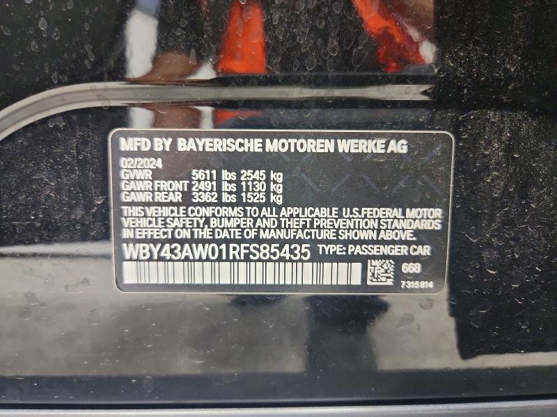 Aukcja sprzedaży 2024 Bmw I4, vin: WBY43AW01RFS85435, numer aukcji: 68394326
