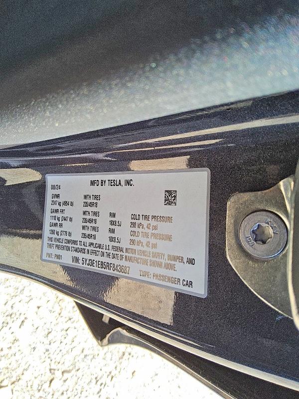 65925266 :رقم المزاد ، 5YJ3E1EB5RF843687 vin ، 2024 Tesla Model 3 مزاد بيع