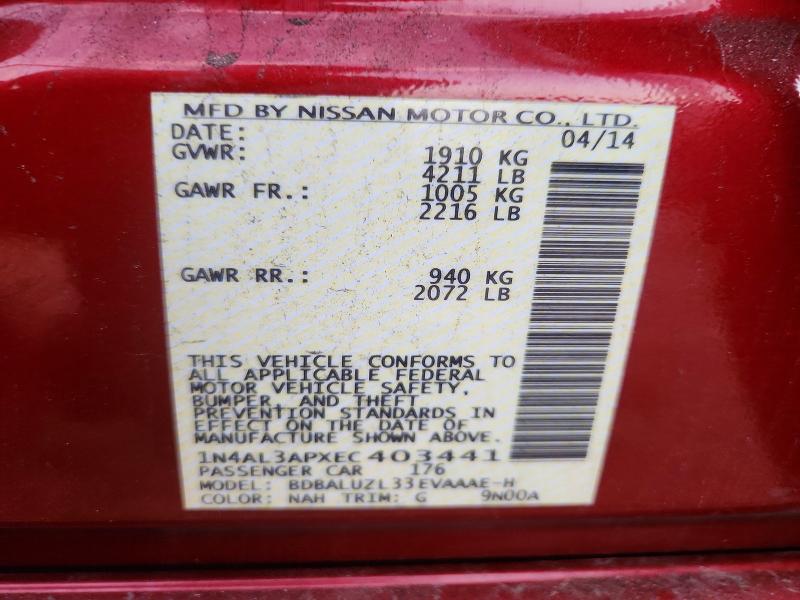 2014 Nissan Altima მანქანა იყიდება აუქციონზე, vin: 1N4AL3APXEC403441, აუქციონის ნომერი: 68418466