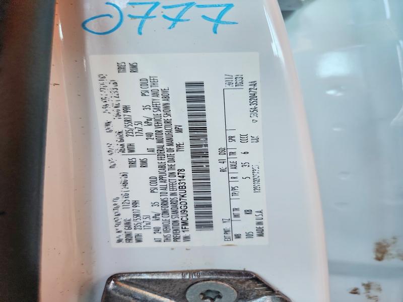 2019 Ford Escape მანქანა იყიდება აუქციონზე, vin: 1FMCU9GD7KUB31478, აუქციონის ნომერი: 68437406