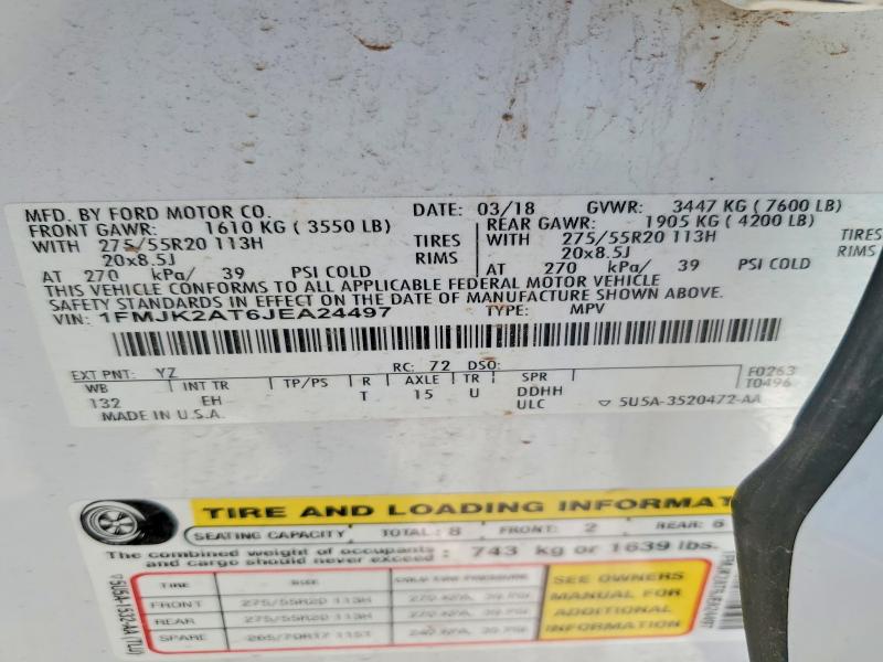 70618796 :رقم المزاد ، 1FMJK2AT6JEA24497 vin ، 2018 Ford Expedition مزاد بيع
