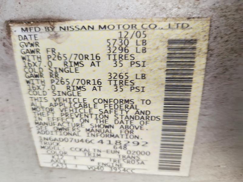 2006 Nissan Frontier მანქანა იყიდება აუქციონზე, vin: 1N6AD07U46C418292, აუქციონის ნომერი: 69451116