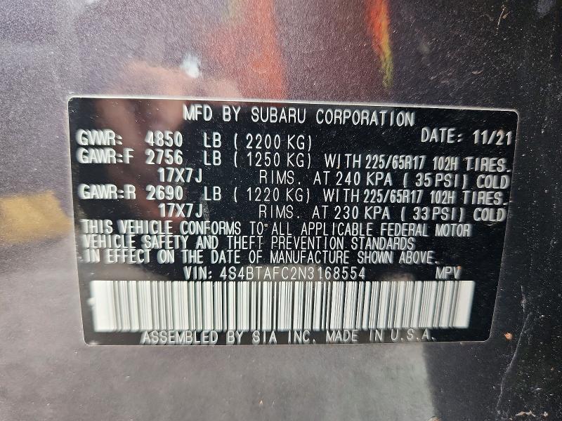 Aukcja sprzedaży 2022 Subaru Outback, vin: 4S4BTAFC2N3168554, numer aukcji: 68986146